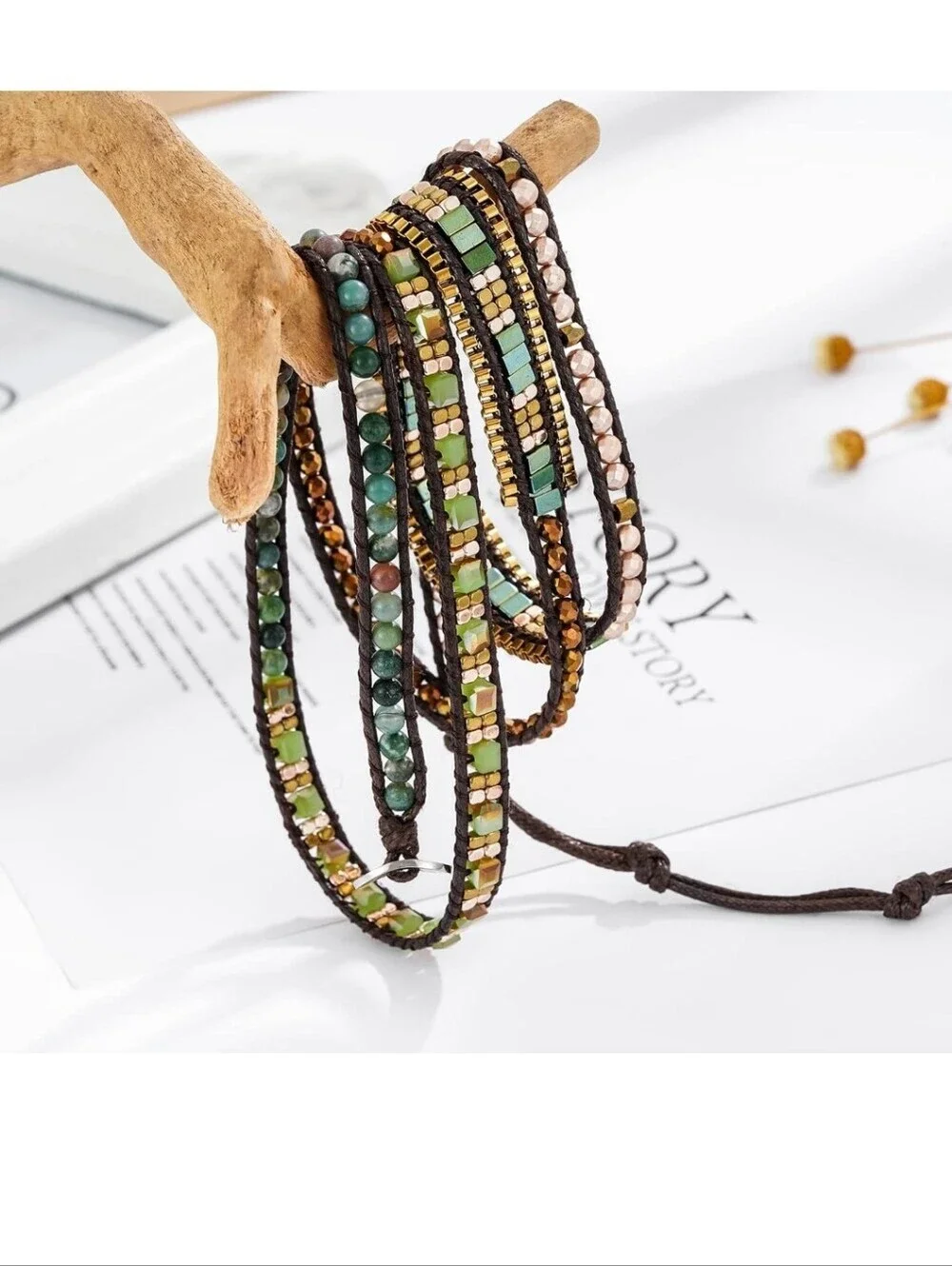 Multistrand Beaded Wrap Bracelet in Green and Gold